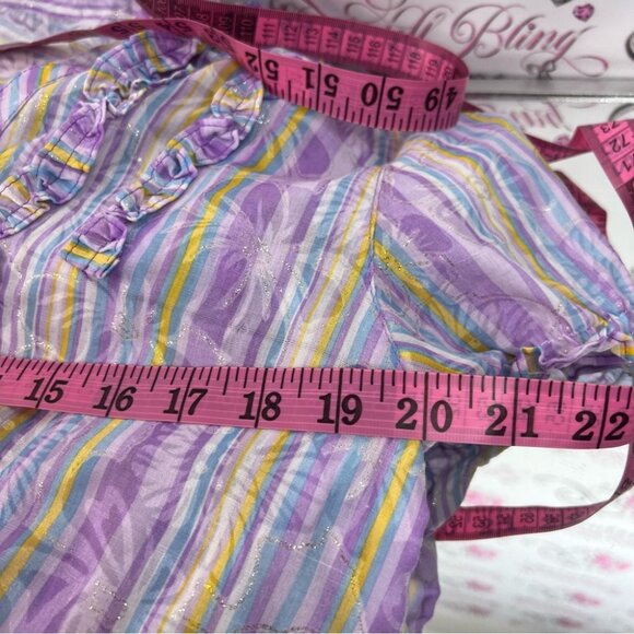 Shirt flowers ruffle details vintage Striped Purple Blouse with Floral Accents - Picture 9 of 10